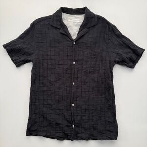 OFFICINE GENERALE Eren Seersucker Camp Collar Shirt Mens Small Black Made‎ Peru